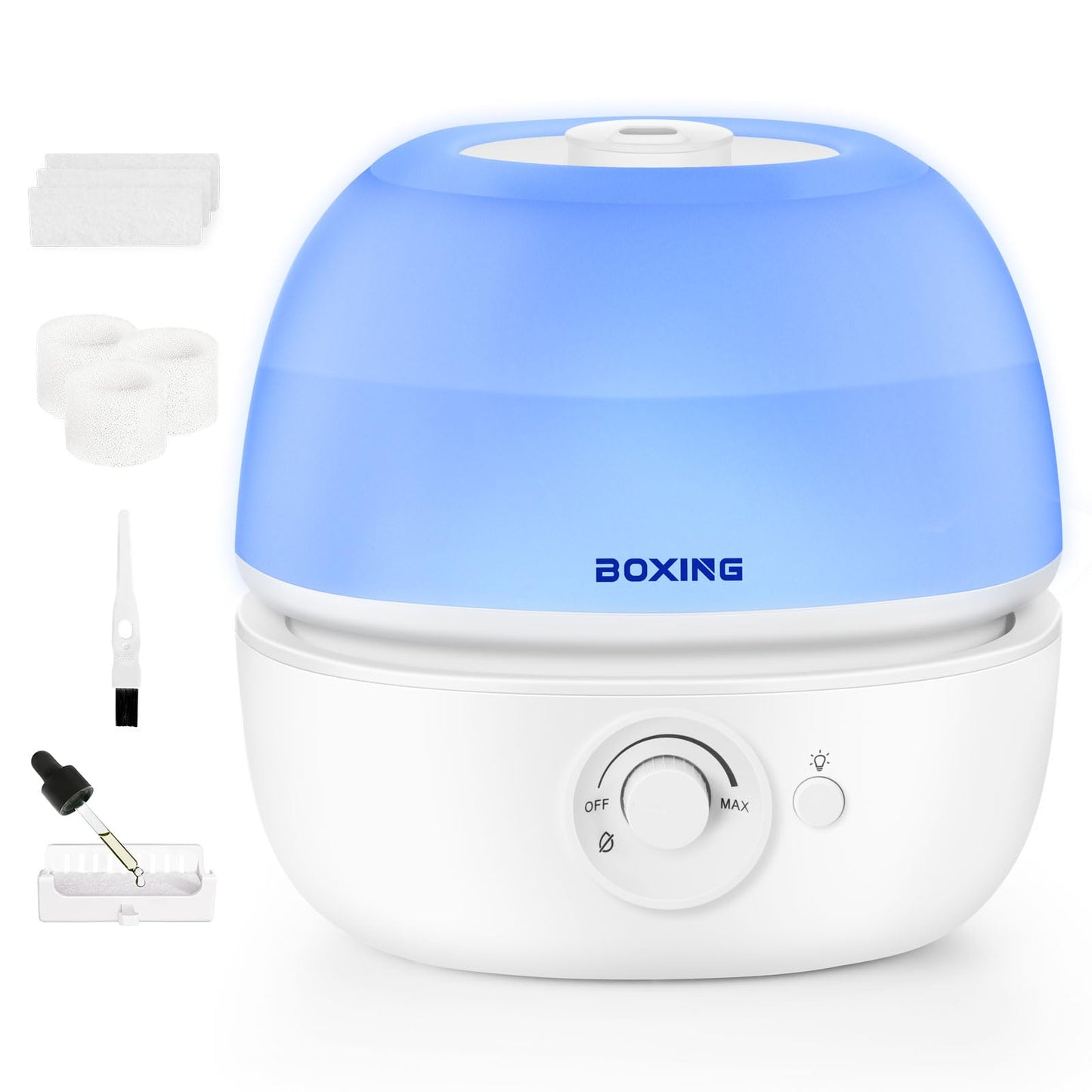 BOXING 3L Top Fill Humidifiers for Bedroom Baby, 20dB Quiet Air Humidifier for Large Room & Indoor Plants with Optional Night Light, Cool Mist Diffuser for Home, Essential Oil Tray, BPA-Free,White,30H