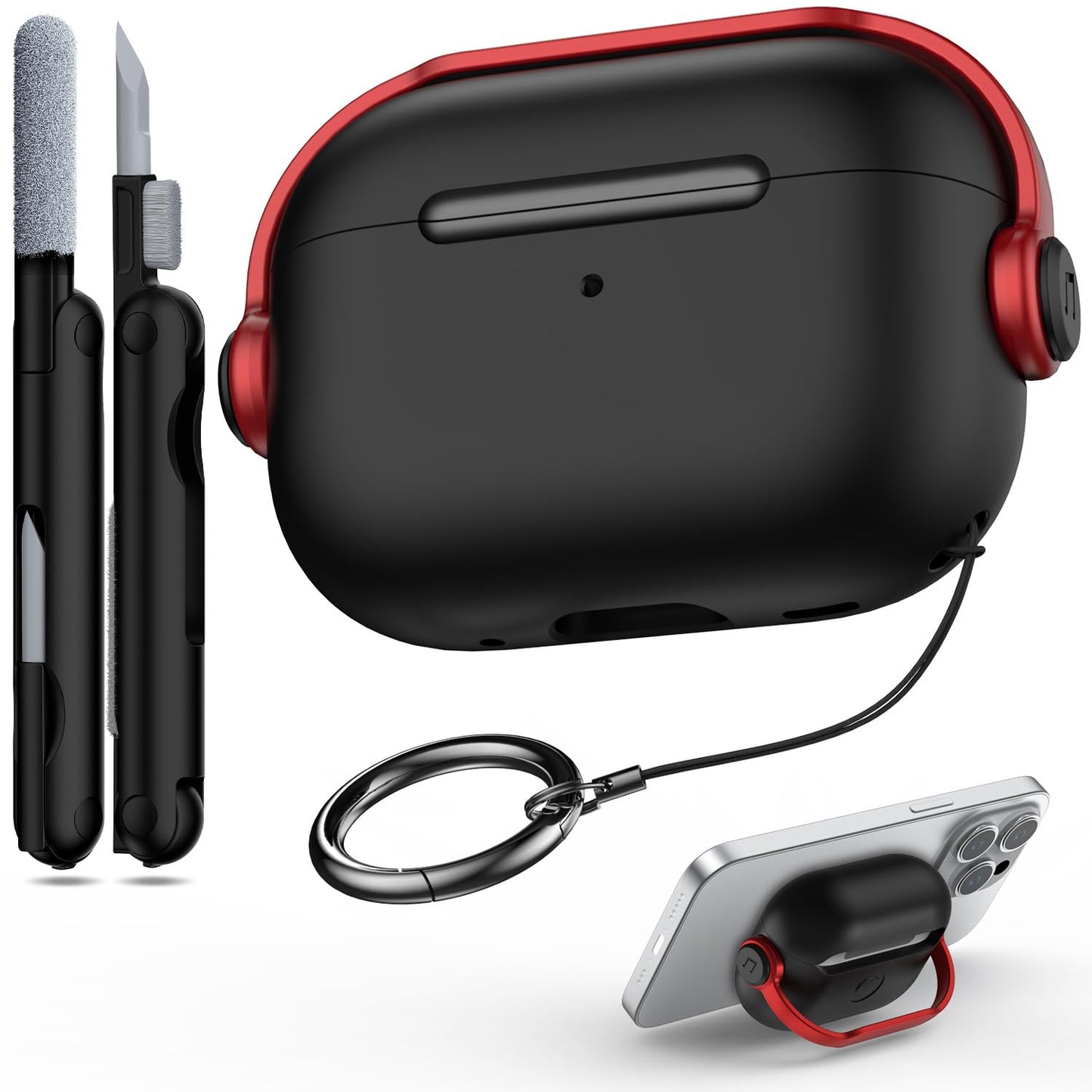 R-fun for Airpods Pro Case (2nd/1st Gen,2023/2022/2019) with Secure Lock & Cleaning Kit, Music Headset Earphone Protective Case Cover Compatible with Airpods Pro 2 (USB-C/Lightning Cable), Black/Red