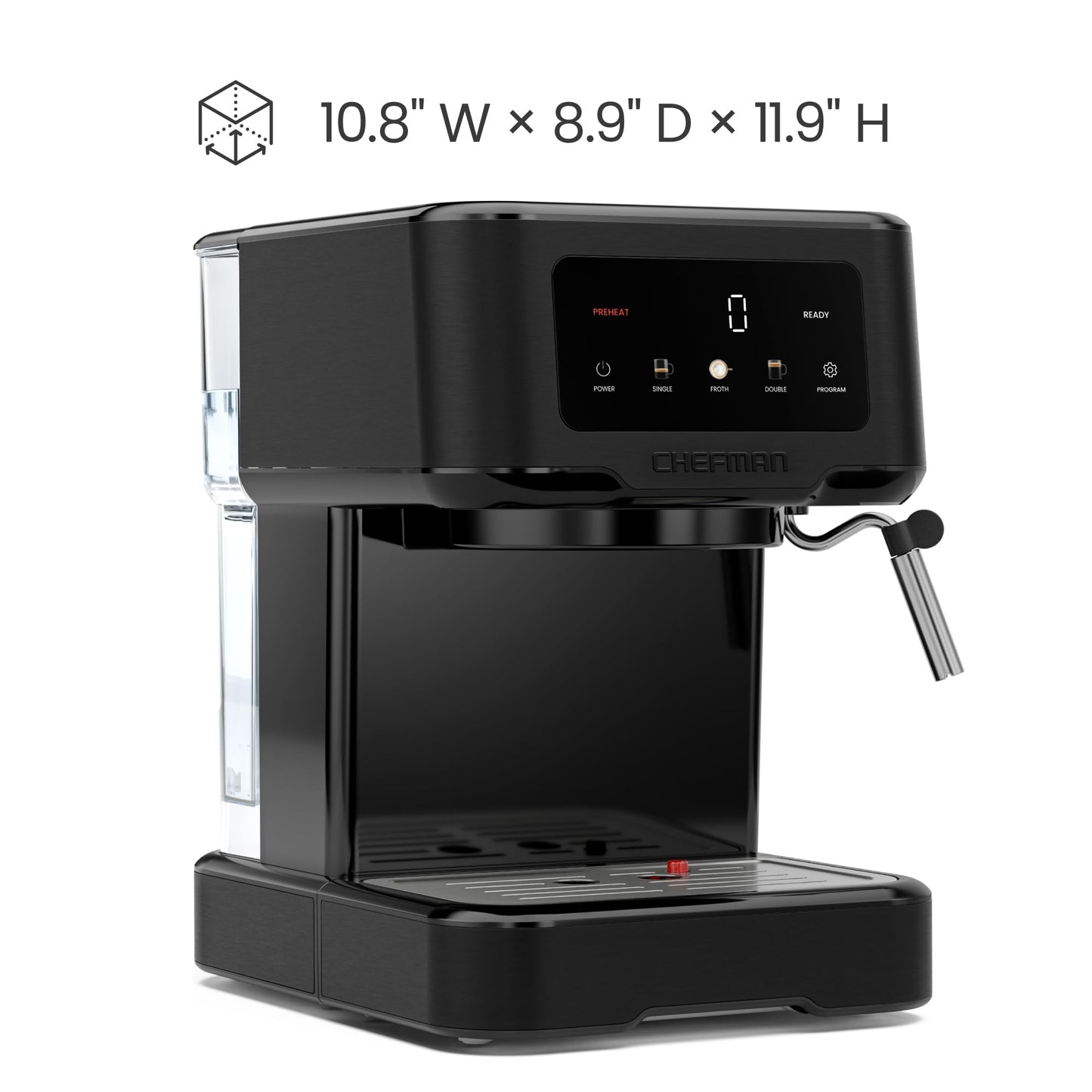 Chefman CraftBrew Espresso Machine, 15-Bar Pump Digital Espresso Maker w/Steam Wand for Latte & Cappuccino, Compact Espresso Coffee Machine w/ 1.5L Removable Water Reservoir - Stainless Black