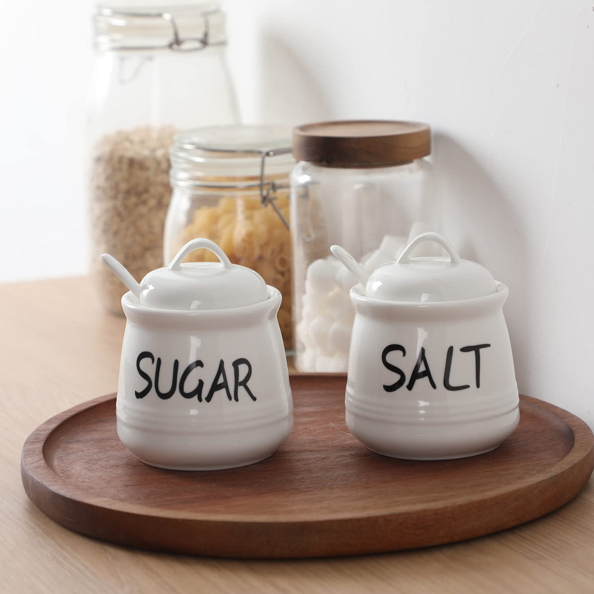 Salt and Sugar Bowls with Lid and Spoon -12 oz Ceramic Salt and Sugar Cellar Set, Salt and Sugar Containers, Spice Box for Counter, Farmhouse Kitchen Decor, White