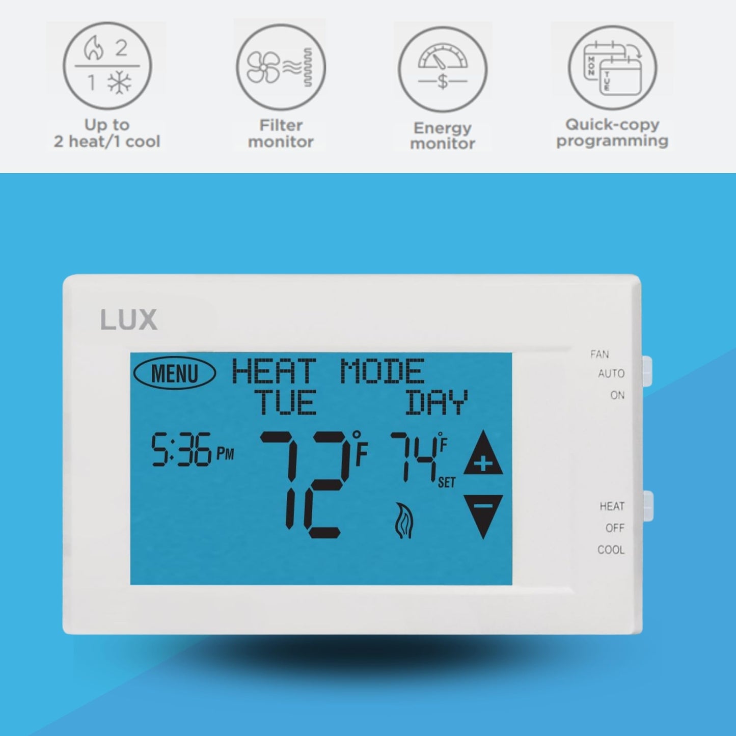 Lux Products TX9600TS Programmable Large Touchscreen Heating Cooling Thermostat, White