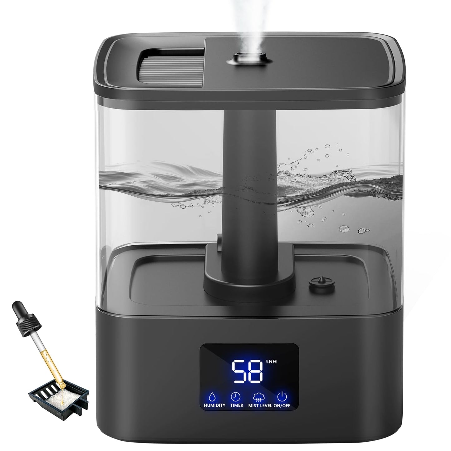KZF 4L Top Fill Humidifiers for Bedroom & 60H Runtime - Cool Mist Humidifier, 3 Mist Levels, 8H Timer, Essential Oil Tray, Humidity Display, Quiet for Bedroom, Baby, Plants, Large Room (Black, 6L)
