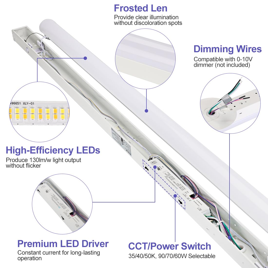 Bekada 8FT LED Linear Light Fixtures, 90/70/60W & 3500/4000/5000K CCT Adjustable, 8’ Linear Shop Lights for Workshop, Office, Garage, 0-10V Dimmable, 8Feet LED Strip Lights, 4Pack