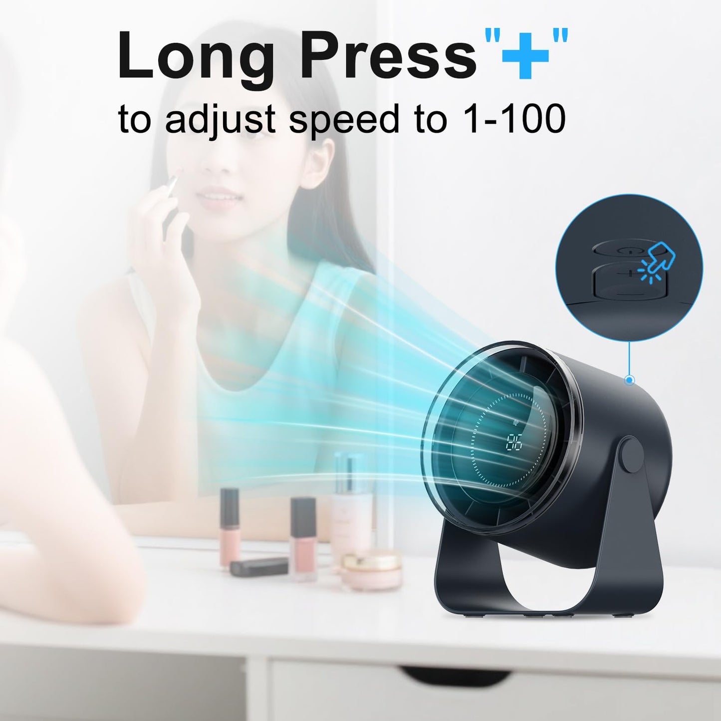 DURBESTER Small Desk Fan, 28dB Ultra-Quiet Desktop Air Circulator with 115° Adjustable Tilt, 100 Speeds, Rechargeable Battery, USB-Powered, Portable for Bedroom, Office, Kitchen, Travel -Bluish Black
