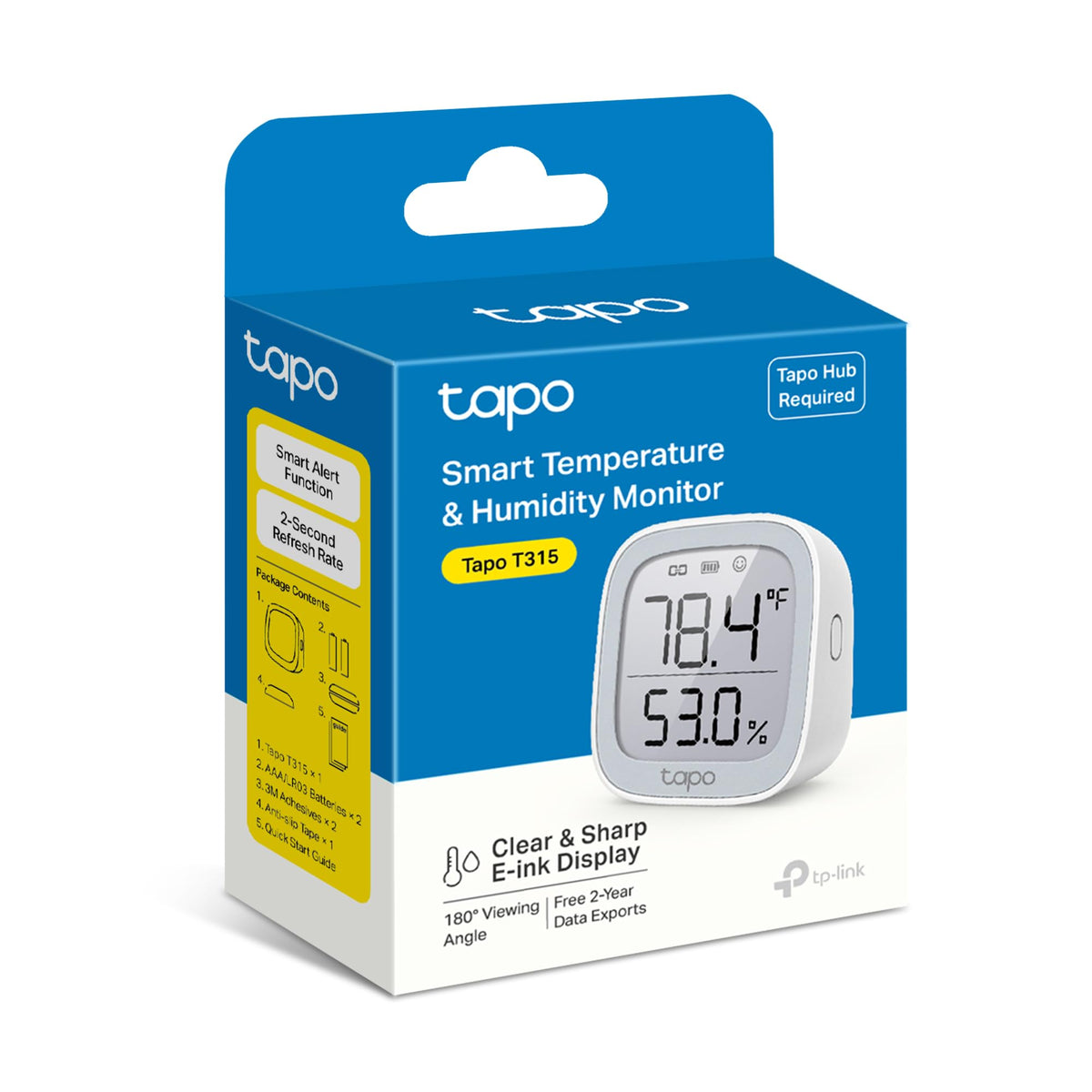 Tapo Smart Temperature and Humidity Monitor, 2.7" E-Ink Display, Swiss-Made Sensor, Real-Time Notification, Visual Graphics, Hub Required, White (T315)
