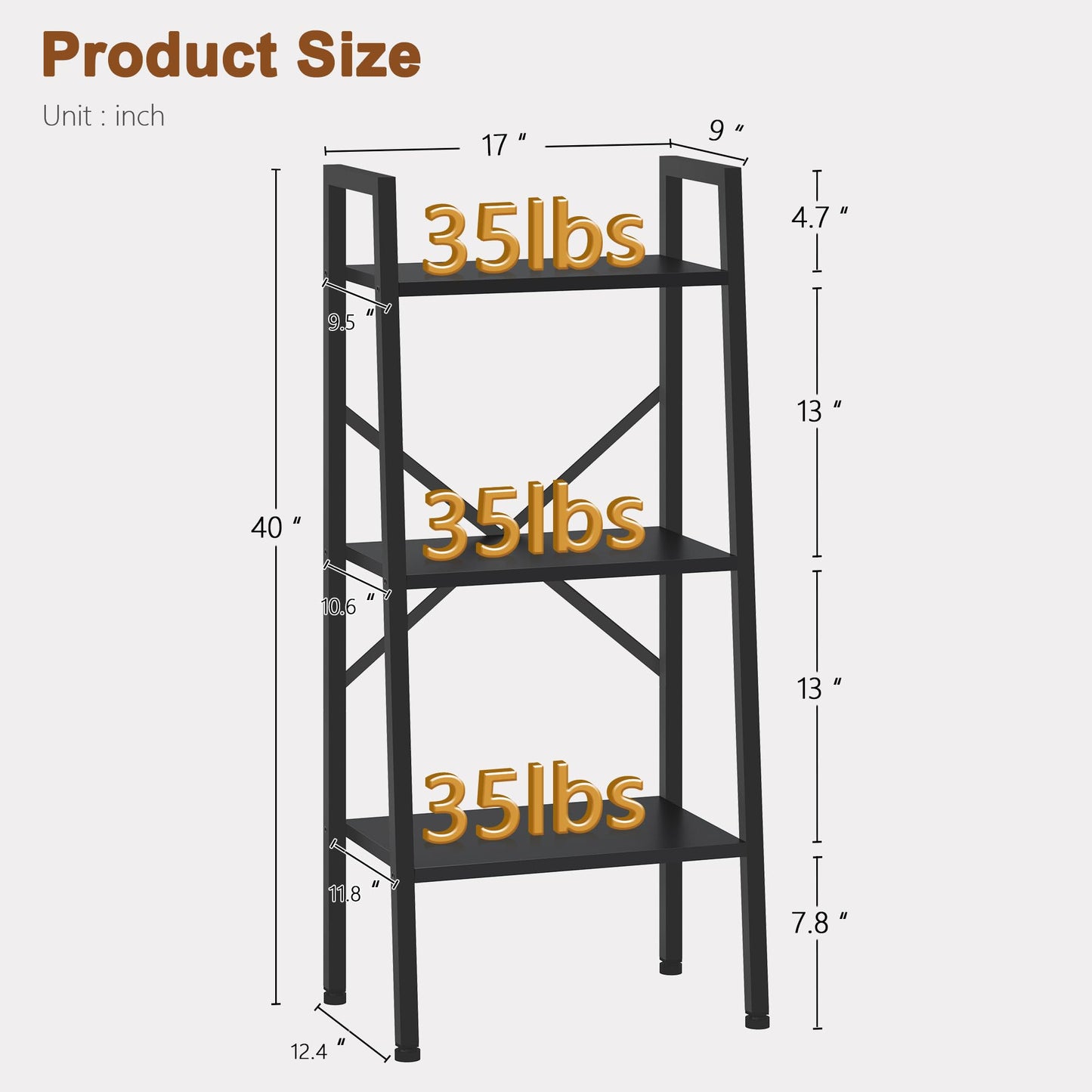 Hoctieon 3-Tier Industrial Ladder Bookshelf, Narrow Ladder Shelf, Tall Standing Bookshelf, Skinny Open Ladder Shelf, for Living Room, Home Office, Kitchen, Bedroom, Metal Frame, Black