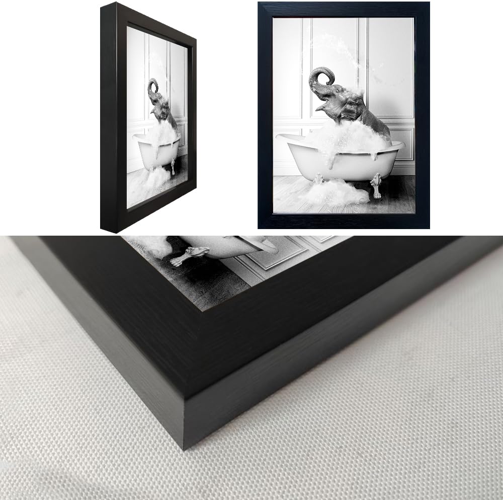 Framed Bathroom Decor Wall Art Elephant in Bathtub Pictures Wall Decor Funny Black and White Animal Canvas Print Artworks for Bathroom