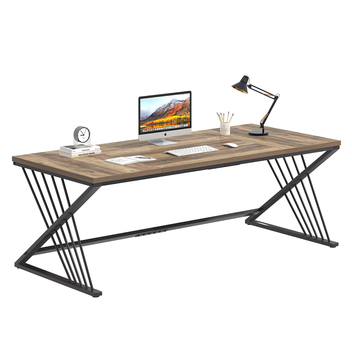 FOLUBAN 70.9" Computer Desk with Z-Shaped Legs, Industrial Work Executive Home Office Desk, Large 2 Person Gaming Study Desk Writing Table, Oak