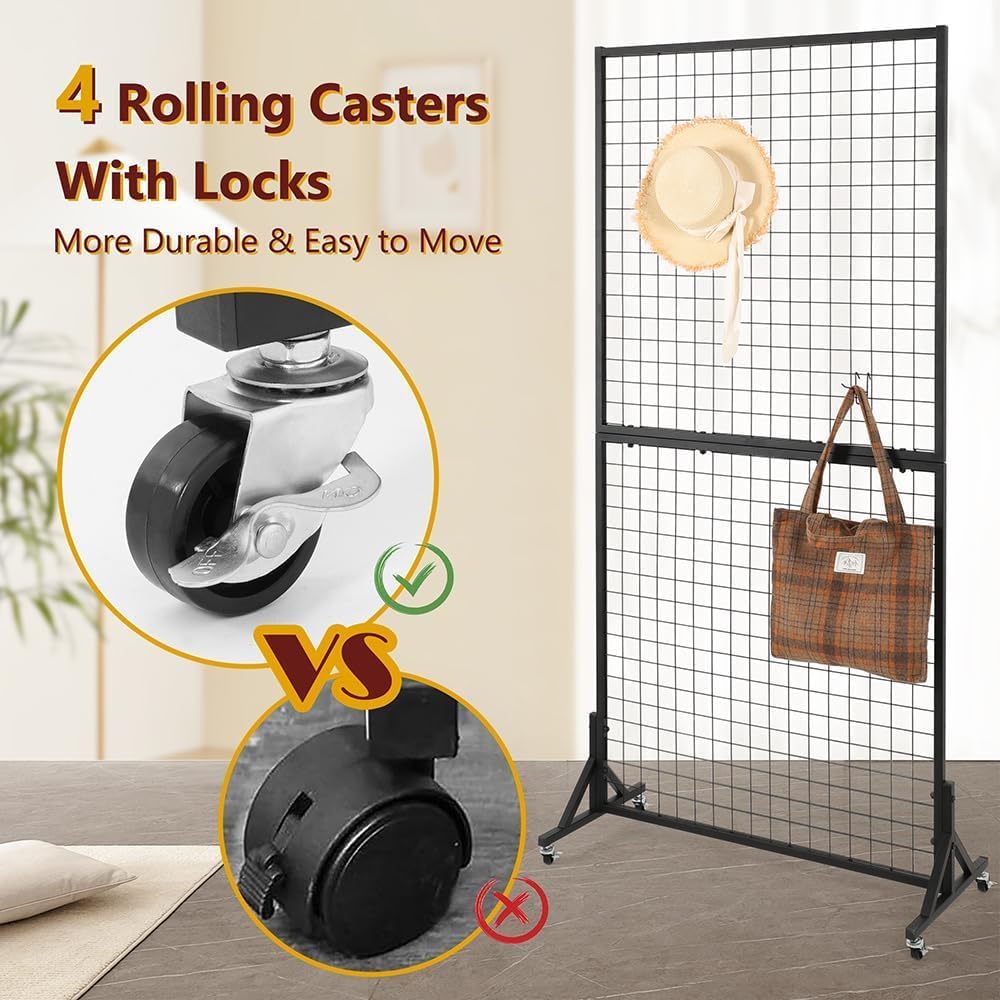 OUDUCK 2 Packs 3' x 6' Grid Wall Panels Standing Wire Grid, Study Display Rack with T-Base Wheels Freestanding Gridwall Panel Tower for Shows, Black