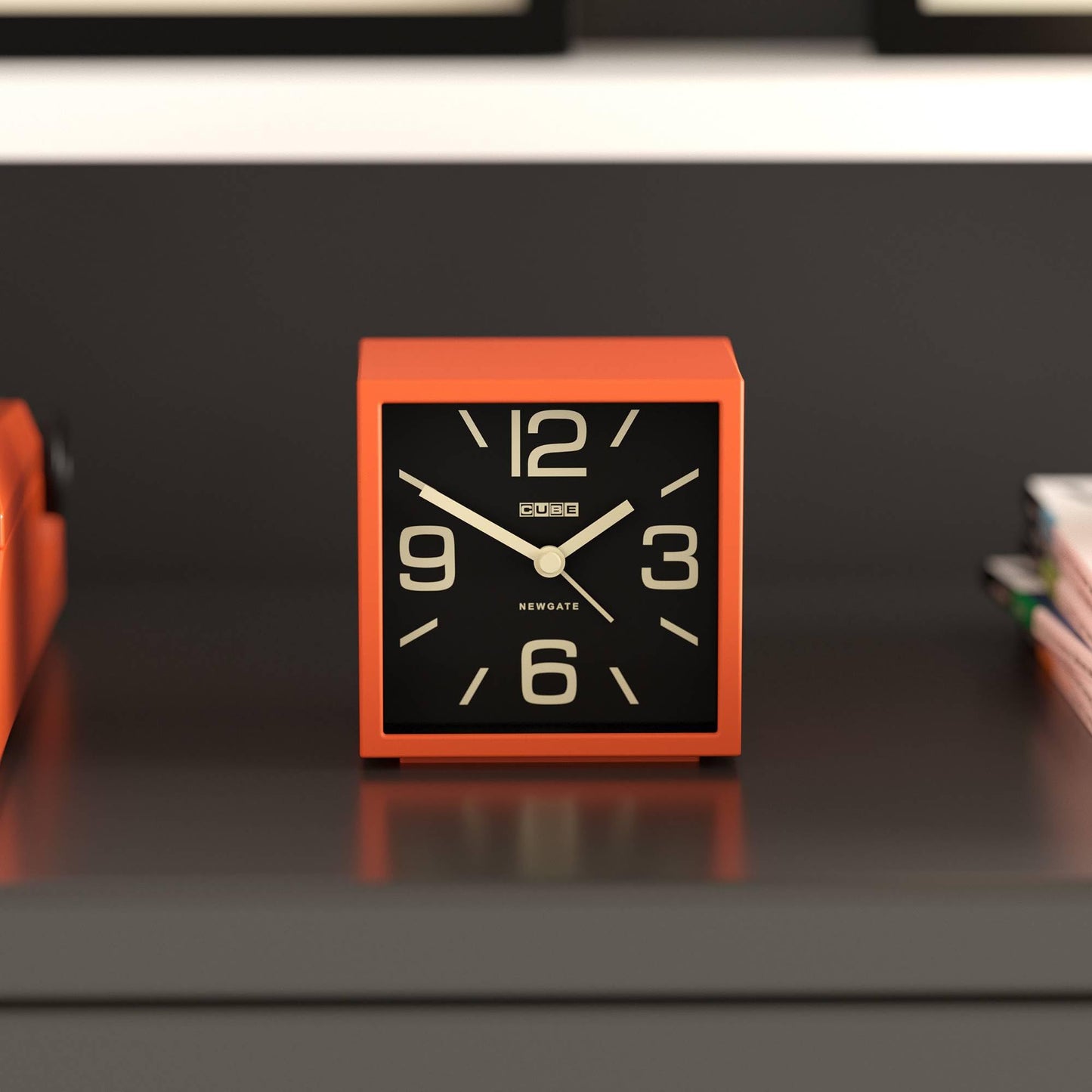 NEWGATE® Cube Alarm Clock | Design-led Cube Shaped Retro Alarm | Orange | Ideal for Bedside, Desk, Shelf & Mantel | Mid-Century Retro Bedroom & Office Accessory