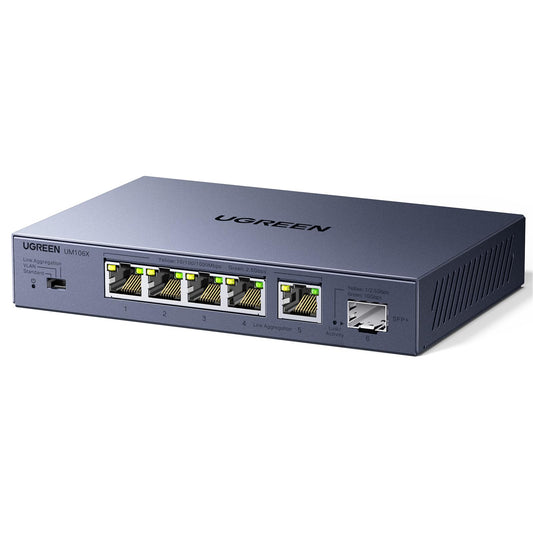 UGREEN 2.5Gb Switch, 6-Port Ethernet Switch, 5 x 2.5Gb + 1 x 10Gb SFP+, Standard/Link Aggregation to 5Gbps/VLAN 3 Modes, Plug & Play Metal Unmanaged Ethernet Splitter, Desktop/Wall Mount, for NAS, PC