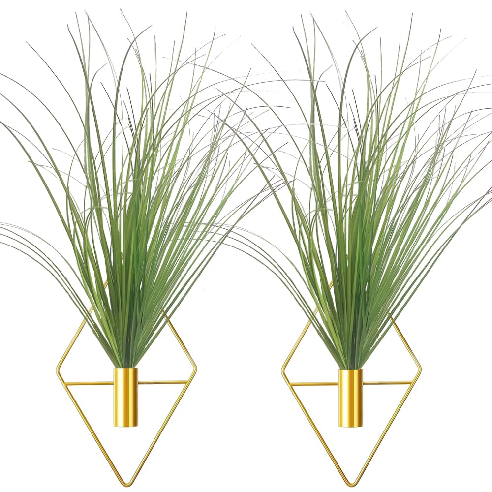 Hanging Planters with Artificial Plants, 2pcs Diamond Shape Metal Hanging Vase with Artificial Shrubs Wheat Grass Greenery Indoor Plants Holder Wall Decor for Home Living Room Bedroom Office (Gold)
