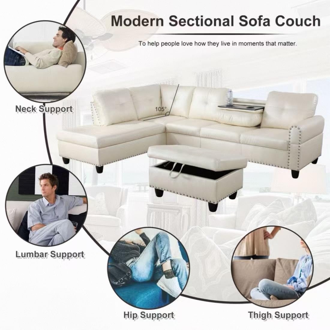 UOCFYK L-Shaped 3-Piece Faux Leather Sofa with Ottoman, Sectional Couch Set for Living Room, Office, Apartment, with Cup Holder, White