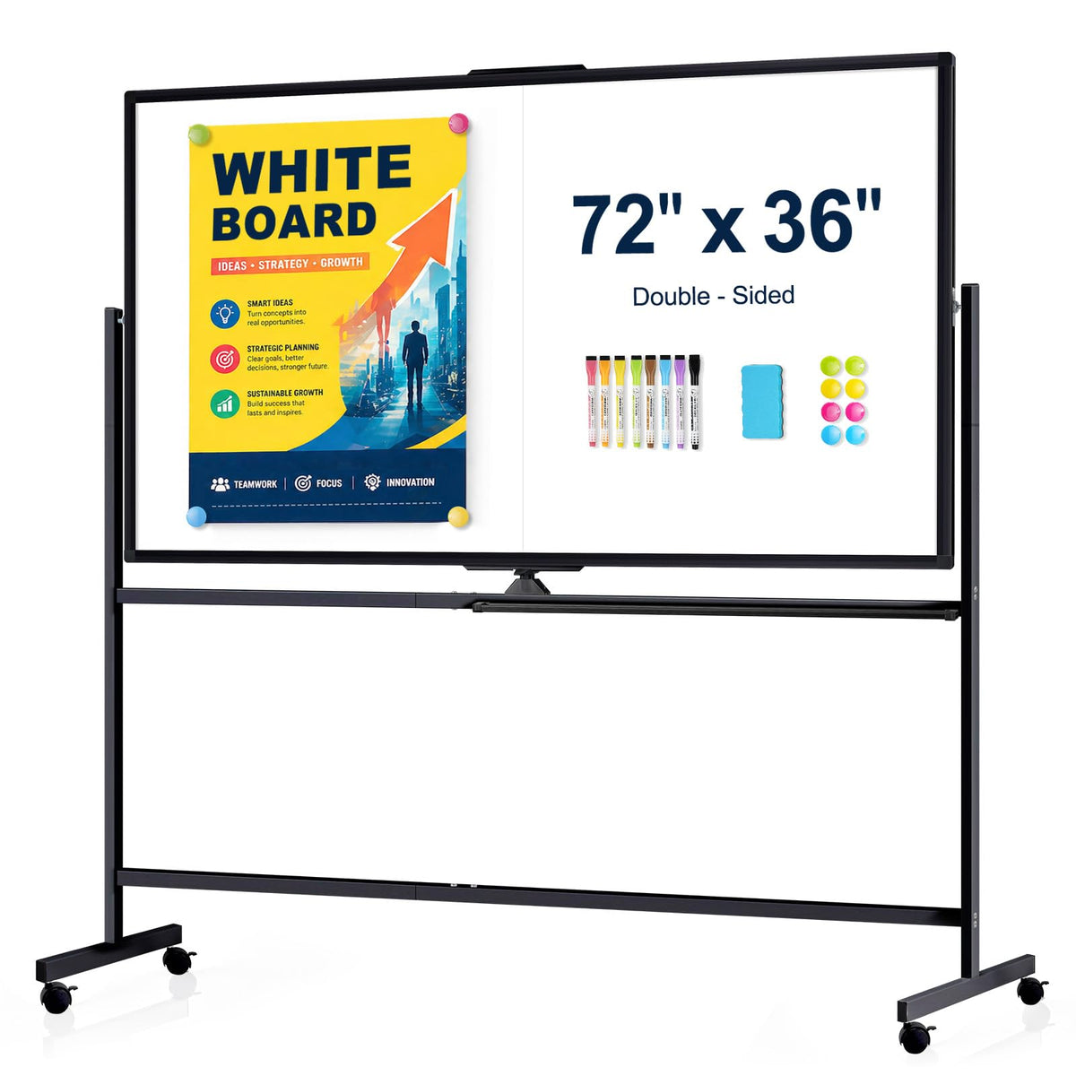 Large Rolling Whiteboard with Stand, 72" x 36" Double-Sided Mobile White Board Dry Erase, Giant Magnetic Dry Erase Board on Wheels for Office, Home & School,Black Frame