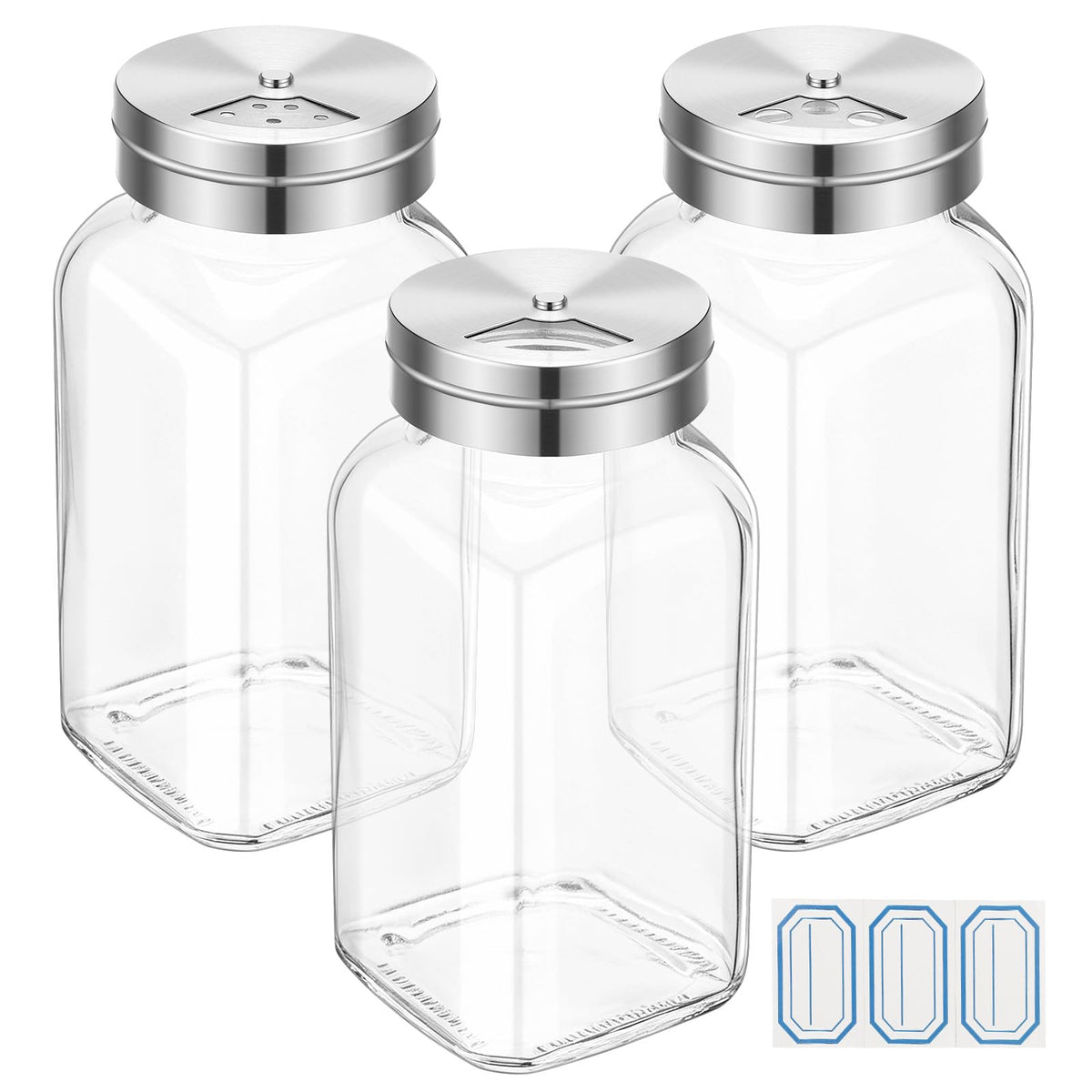 Segarty 6oz Spice Bottles with Stainless Steel Shaker Lids 3 Pack, 180ml Large Square Spice Jars for Salt Sugar, Adjustable Seasoning Storage Bottles with 3 Labels for Condiments Herbs Grains Storage