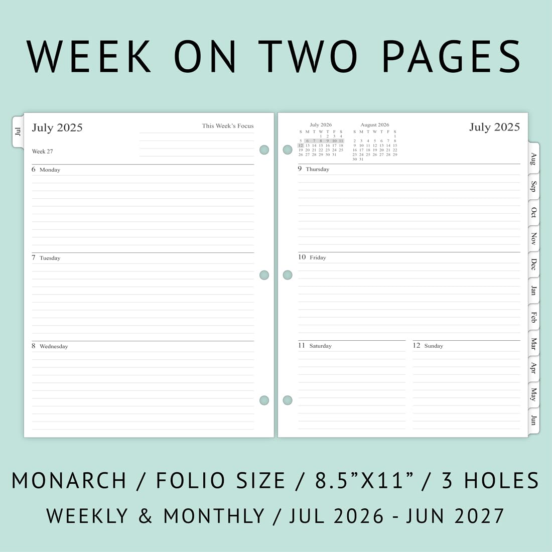 newestor 2026-2027 Weekly Planner Refills for 3-Ring Binder with Monthly Tabs, Jul 2026 - Jun 2027, 8-1/2" x 11", Folio Size 5 / Monarch