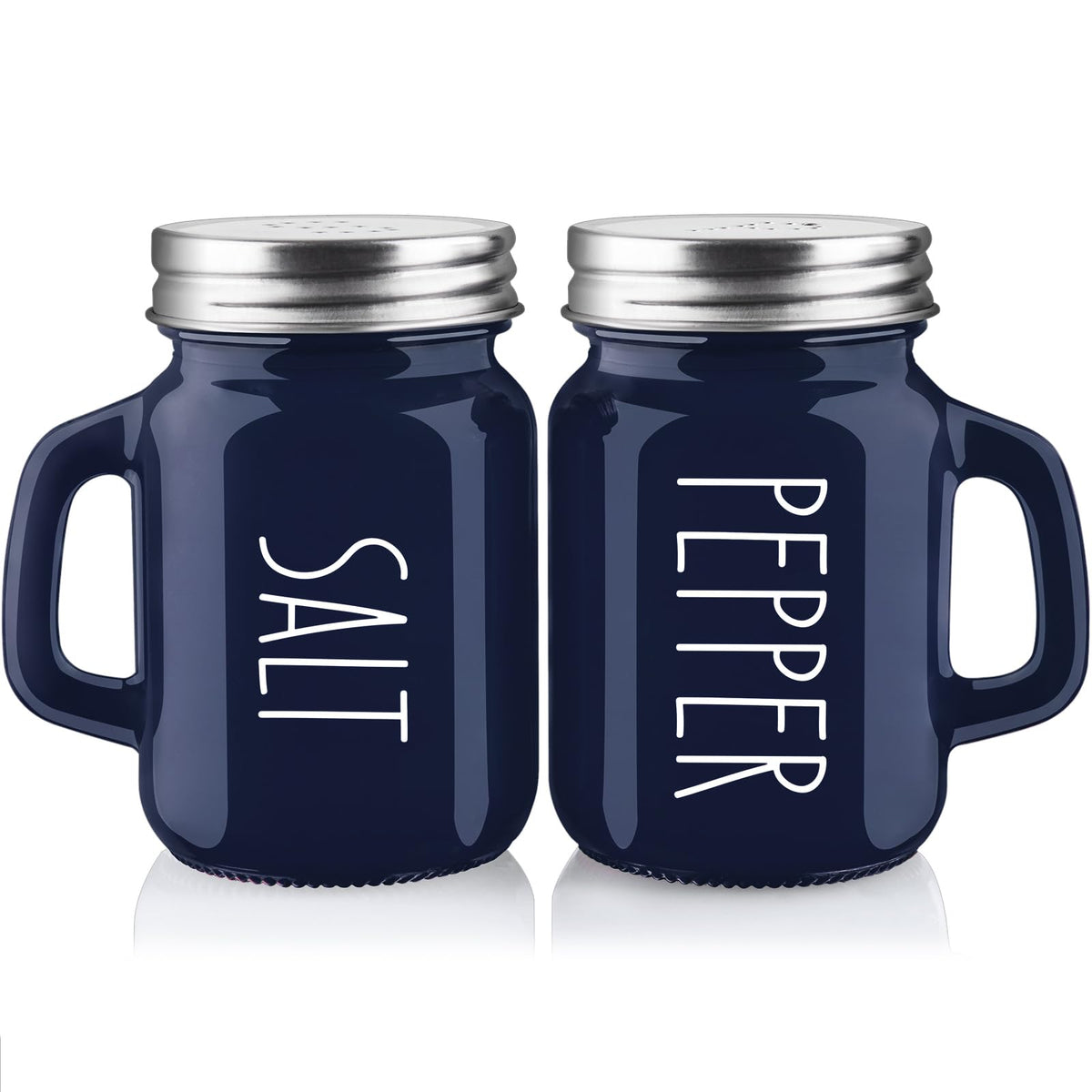 Navy Blue Salt and Pepper Shakers Set, 4 oz Cute Modern Glass Shaker Sets with Stainless Steel Lids, Blue Kitchen Decor and Accessories for Home Restaurants Weddings