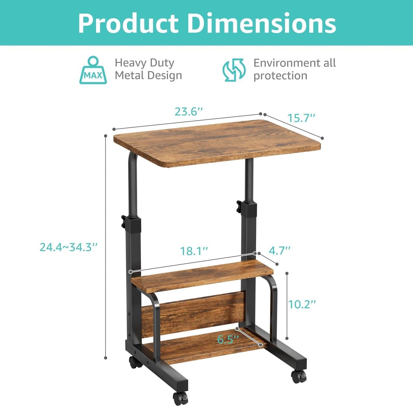 WINAZ C Shaped Rolling Laptop Desk - 24" Rustic Brown Mobile Kids Desk with Wheels for Small Spaces, Height Adjustable Overbed Table with 2-Tier Storage Shelves
