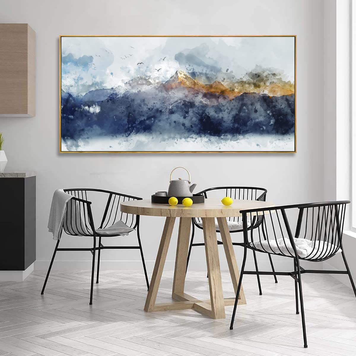 vgrozirh Framed Ready to Hang Wall Art Blue Clouds Yellow Mountain Peaks Indigo Ink Abstract Mountain Landscape Artwork Canvas Painting Prints for Living Room Bedroom Office Large Decor 24"x48"