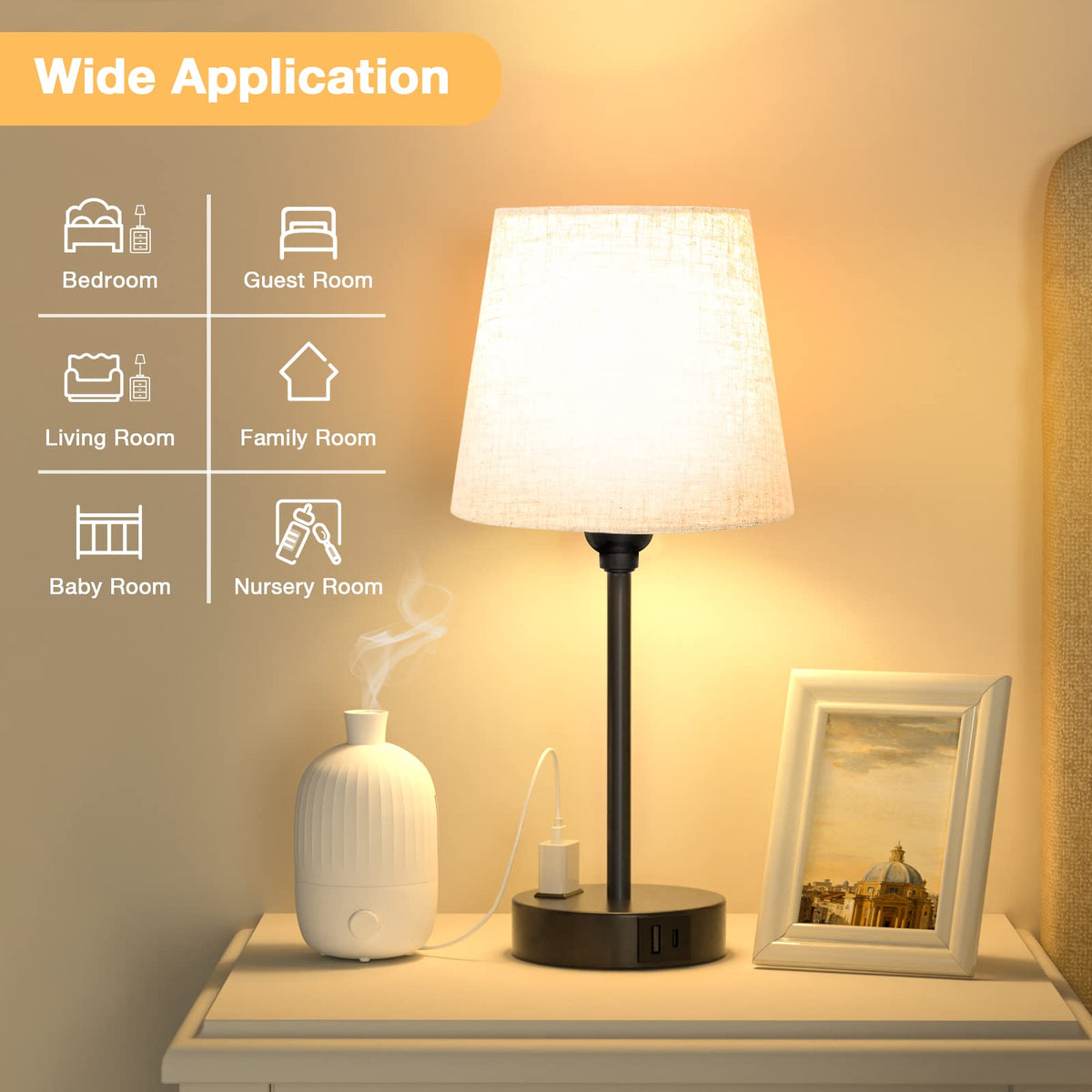 Mini Bedside Lamps for Bedrooms Set of 2 - Nightstand Bedroom Lamps with USB C Port and AC Outlet Charging, Dimmable Touch Small Bed Side Table Lamp, Black Night Stand Light for Kids/Guest Room