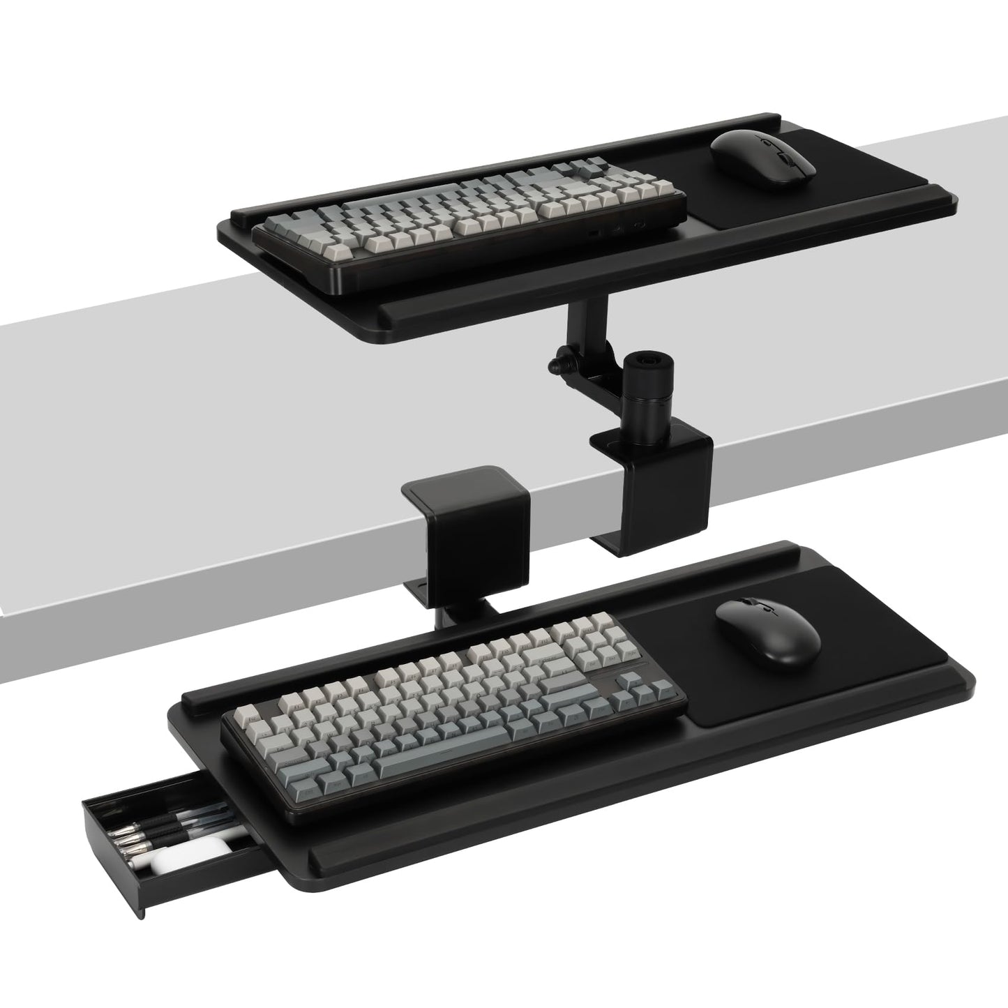 Upgraded Adjustable Keyboard Tray with Drawer for Above Desk & Under Desk Use, 25"×10.6" Ergonomic 360° Rotating Keyboard Stand with Wrist Rest, Clamp On Keyboard Platform for Office Gaming Studying