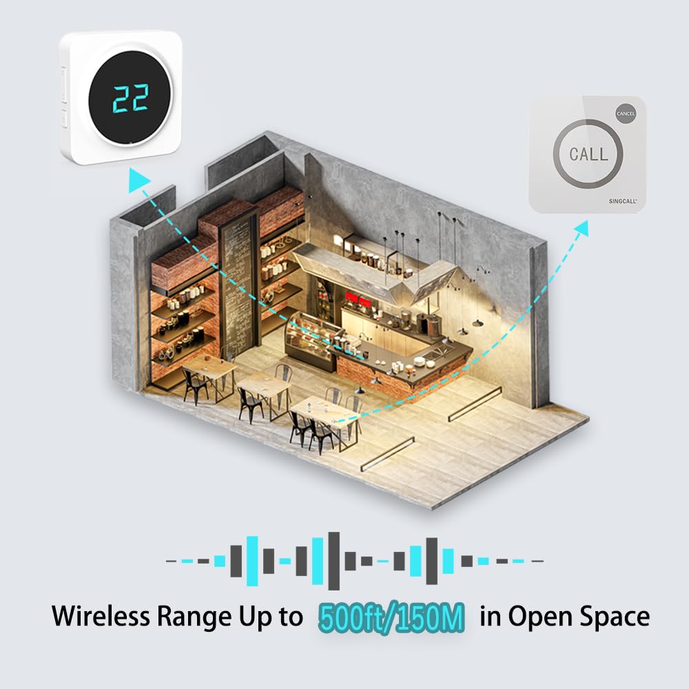 SINGCALL Restaurant Pager System Waiter Calling System Pagers and Beepers for Kitchen,Fast Food,Hotel,Restaurants,Cafe,Bar to Call Waiters 8 Waterproof Wireless Call Buttons 1 Number Display Receiver