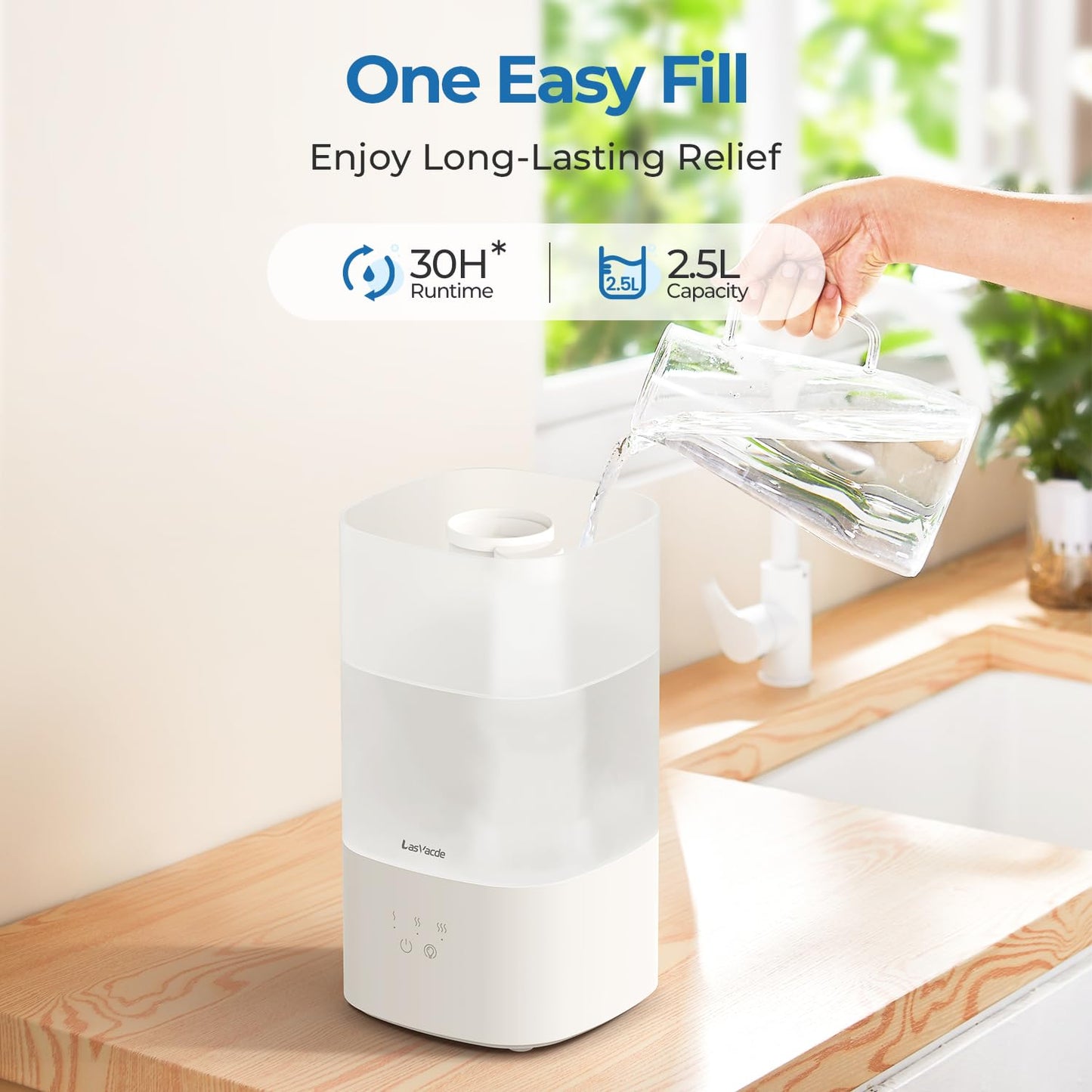 LasVacde 2.5L Humidifiers for Bedroom, Top Fill Cool Mist Humidifiers for Large Room, Easy to Fill & Clean, 30H Runtime, 28dB Quiet Air Humidifier for Plants, Baby Nursery with Night Light