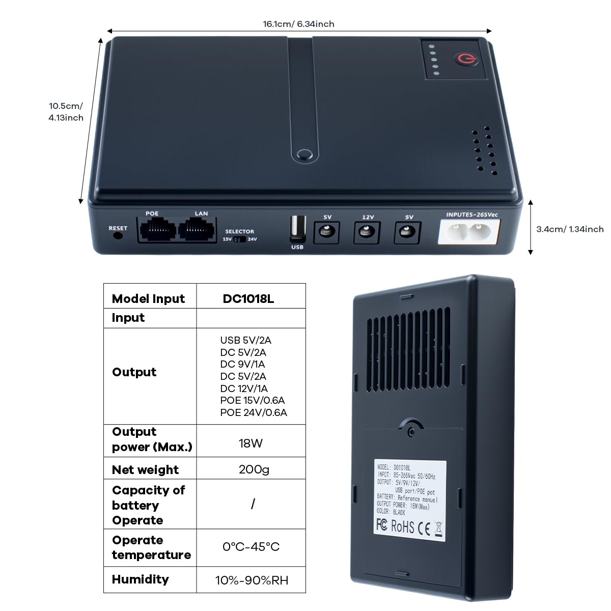 Mini DC UPS Uninterruptible Power Supply, UPS Battery Backup Power Supply for Router/Modem/Security IP Camera/POE Devices, 5V/9V/12V24V Multi-Voltage Output, Without Battery