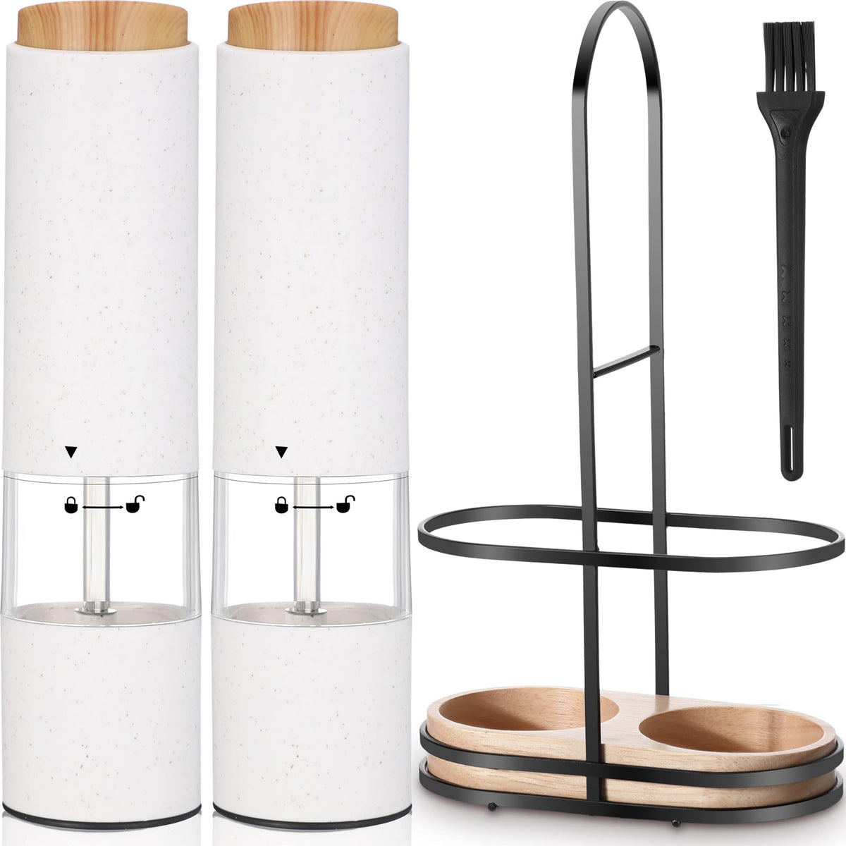 Threlaco Electric Salt and Pepper Grinder Set with 1 Portable Spill Proof Base 2 Packs Battery Operated Salt Pepper shakers with Adjustable Coarseness Light Wheat Straw Grinder for Kitchen(White)