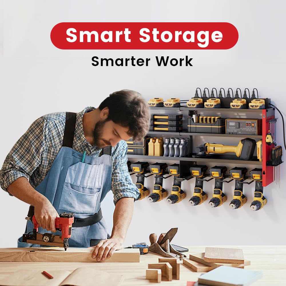 4-Tier Power Tool Organizer, Built-in 2-Outlet Charging Station for Small Garages, 400lb Capacity 12mm Steel Drill Holder & Battery Storage for DIY Home Workshops (4 Slots with 2 Outlets Power Strip)