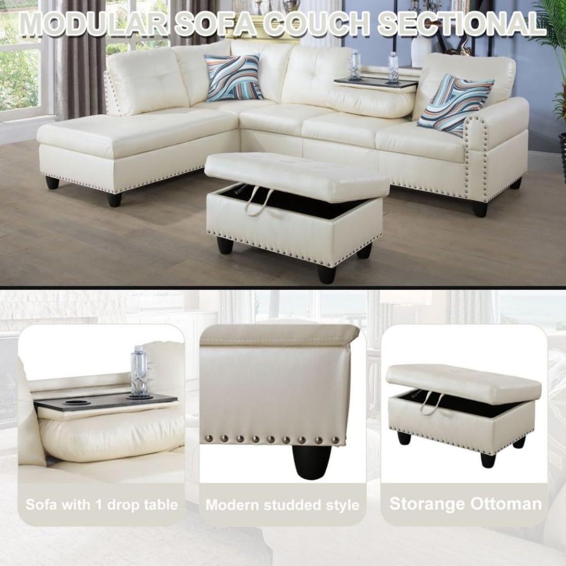 UOCFYK L-Shaped 3-Piece Faux Leather Sofa with Ottoman, Sectional Couch Set for Living Room, Office, Apartment, with Cup Holder, White