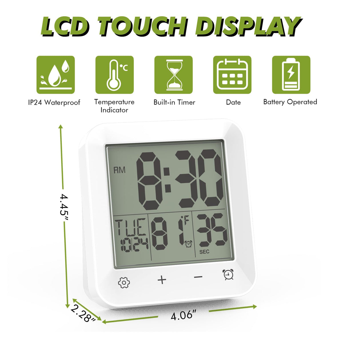 Wisoee Digital Shower Clock Waterproof, Bathroom Wall Clock Timer with Touch Screen, Temperature, LCD Display, Suction Cup Hanging Hole Stand for Kids and Adults
