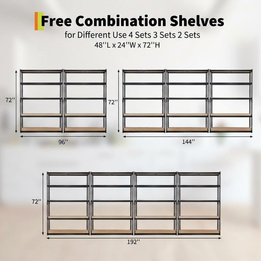 Heavy Duty 5-Tier Garage Storage Rack – Adjustable Metal Shelving Unit, 2500 lbs Capacity, 48"W x 24"D x 72"H, Boltless Steel Frame, MDF Boards – For Basement, Pantry, Laundry, Warehouse