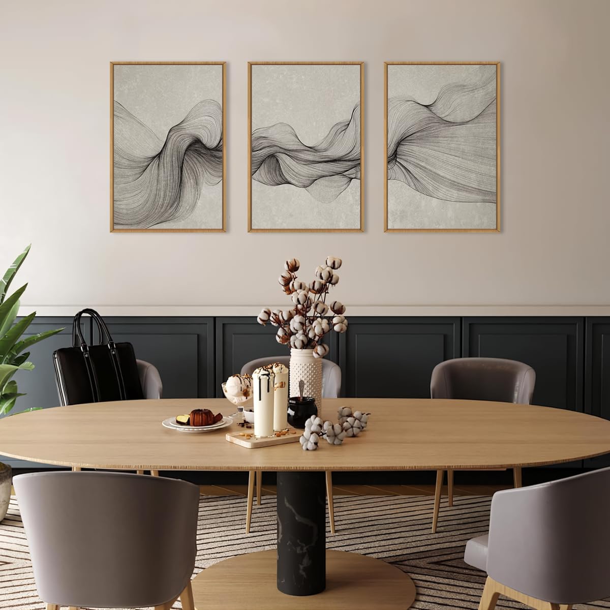 Aurlan Large Black Beige Neutral Abstract Framed Canvas Wall Art Set, Modern Black Wave Lines Wall Decor,Minimalist Smoke Ink Shapes Artwork for Living Room,Bedroom,Office-24 x36 x3