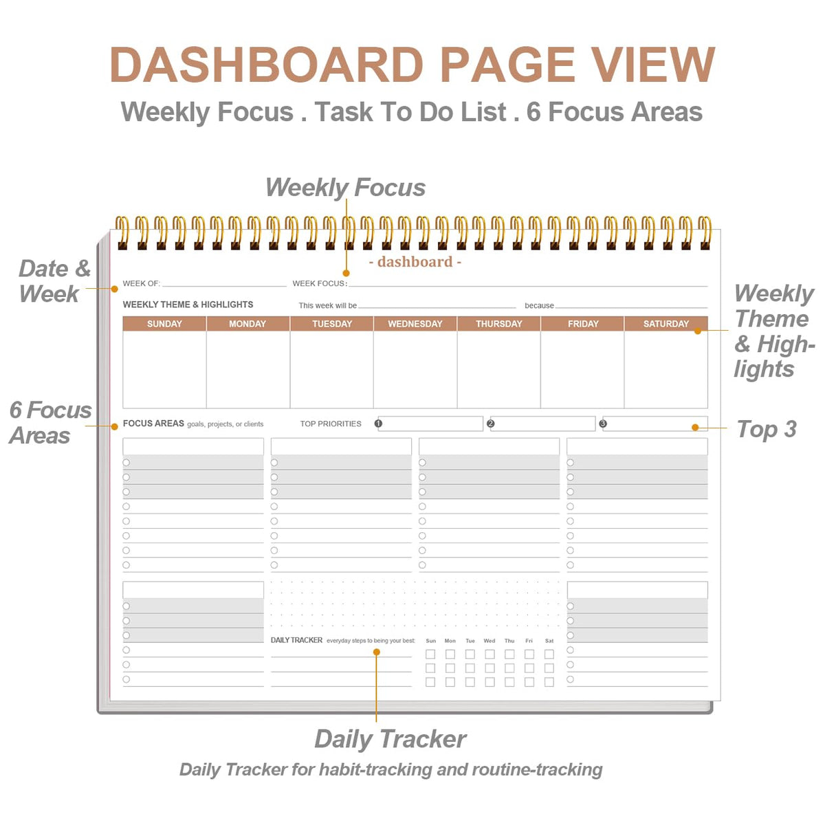 Weekly Productivity Planner - 8.5" x 11" Dashboard Desk Notepad Has 6 Focus Areas to List Tasks for Goals, Projects, Clients, Academic or Meal-Organize Your Daily Work Efficiently, 54 Weeks, Grey