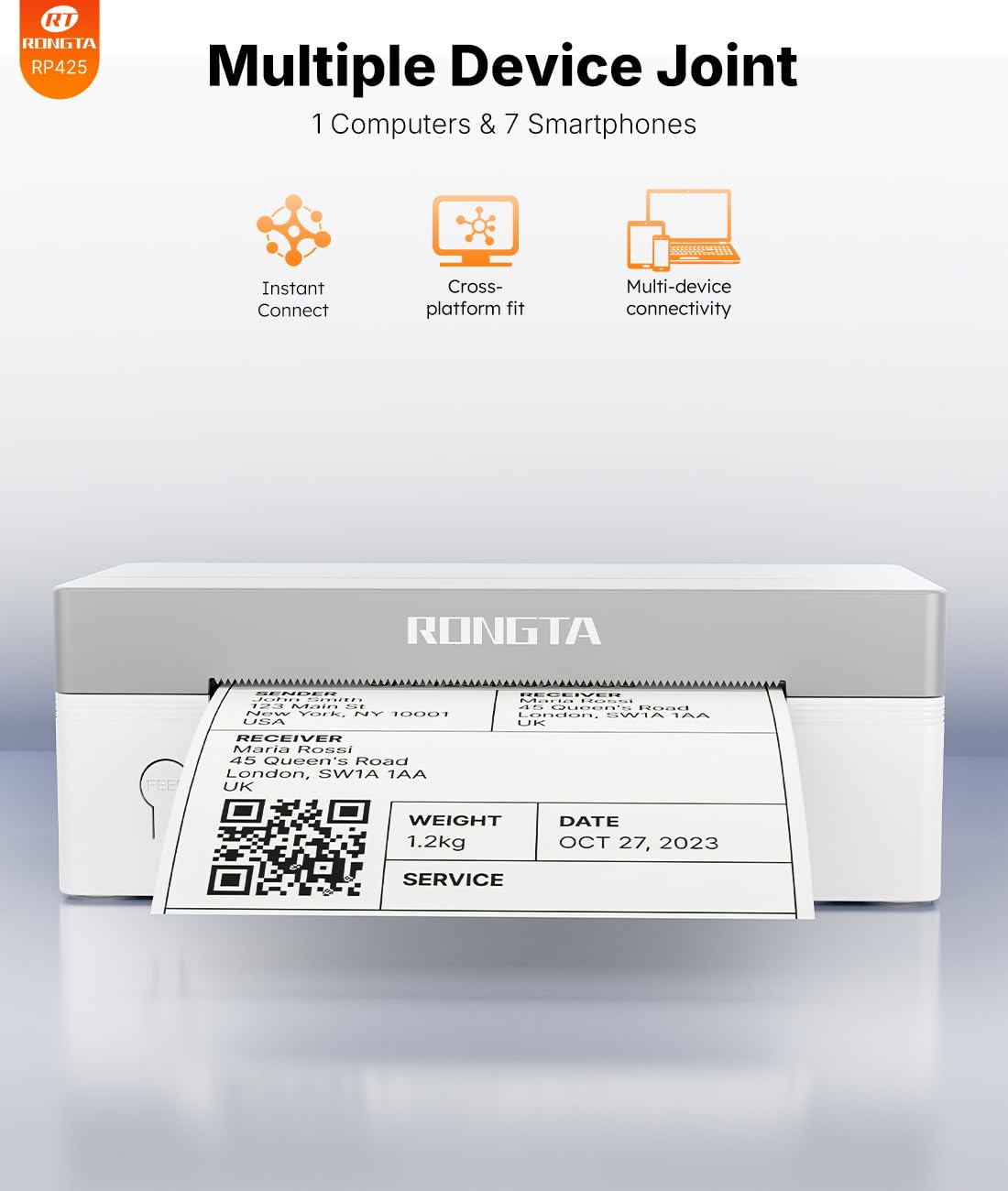 Rongta Shipping Thermal Label Printer, Bluetooth 4x6 Sticker Label Maker Wireless Shipping Label Printer for Package Small Business Compatible with Windows macOS Android iOS (White)