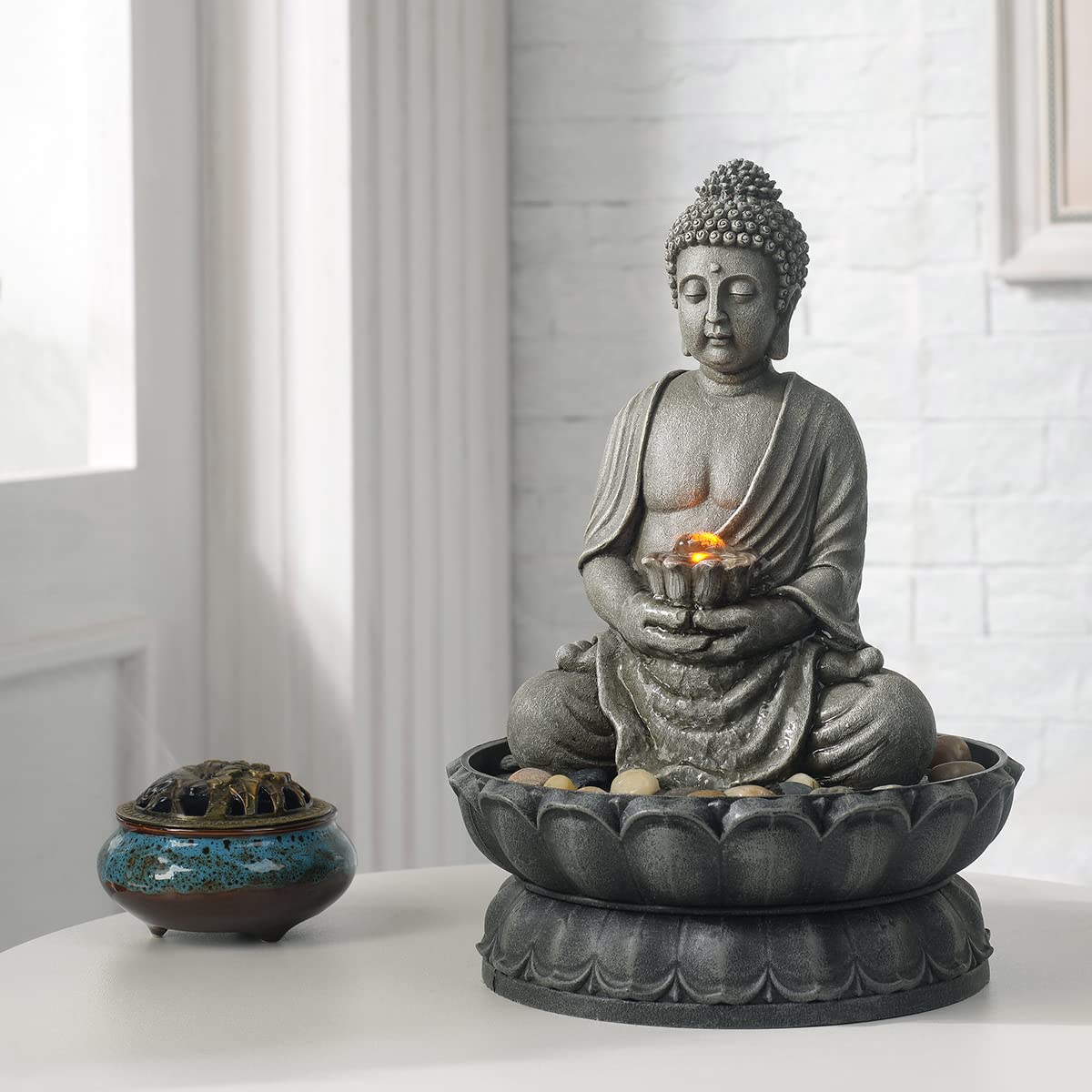 GOSSI 11.2 Inch Tall Indoor Tabletop Buddha Fountain with Reflective Lighting and Cobblestone Base, Zen Desk Water Fountain for Office and Home Decor