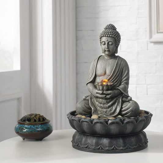 GOSSI 11.2 Inch Tall Indoor Tabletop Buddha Fountain with Reflective Lighting and Cobblestone Base, Zen Desk Water Fountain for Office and Home Decor