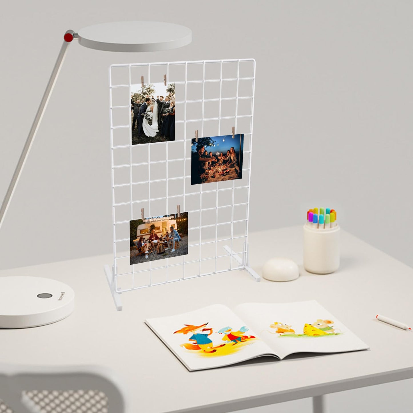 2 Sets Grid Wall Countertop Decorative Panel for Photo Display, Tabletop & Wall Mounted Display Wire Gridwall with T-Base, Mini Wood Clips & Adhesive Hooks for Shows Retail Crafts Artistic Drawings
