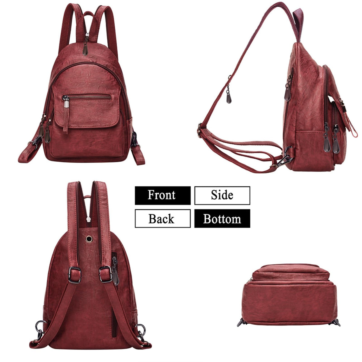 Small Backpack Purse for Women Fashion PU Leather Backpack Convertible Ladies Sling Bag Red Wine