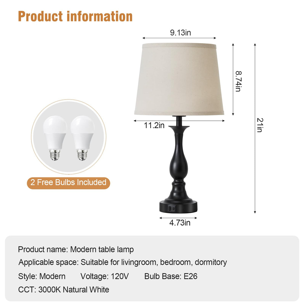 Bedside Table Lamp Touch Control Bedroom Lamps with USB A and C Charging Port 3 Way Dimmable Touch Lamps for Nightstand Living Room Bedroom Dorm Home Office Reading, Set of 2