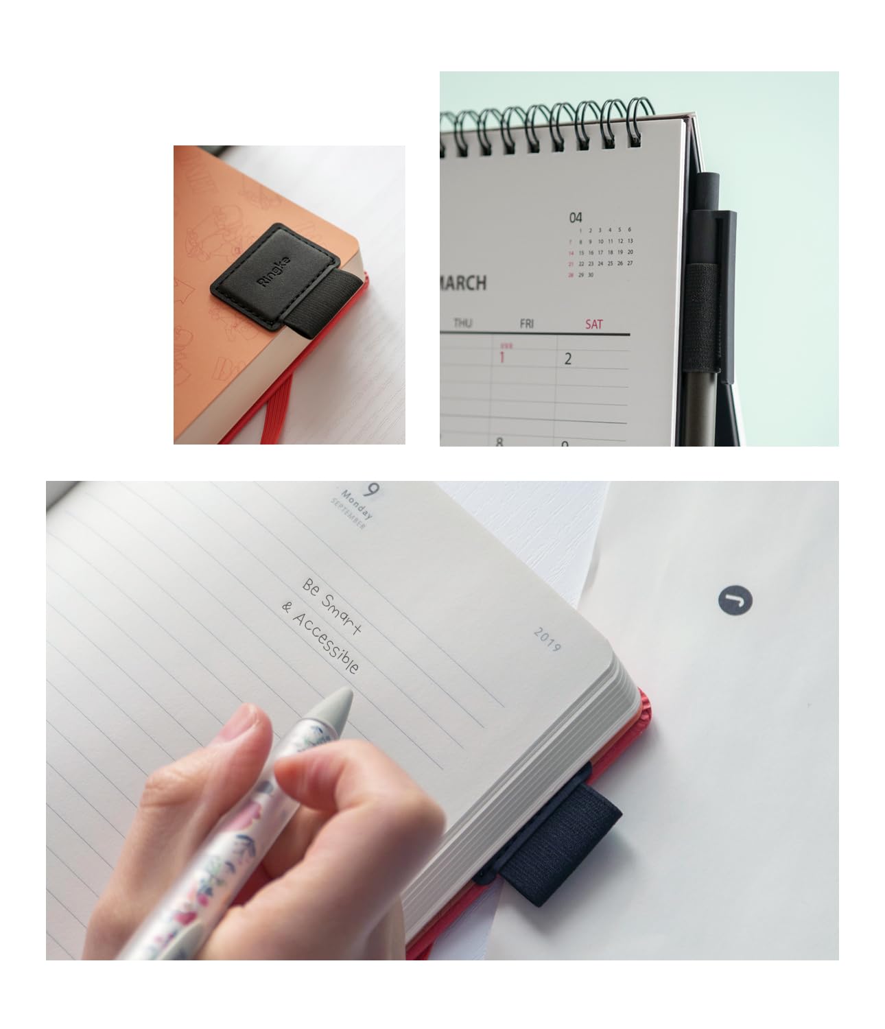 Ringke Pen Holder for Apple Pencil, Journal, Notebooks, and More - 3M Self Adhesive PU Leather Durable Pen Loop with Elastic (3 PACK) - Black