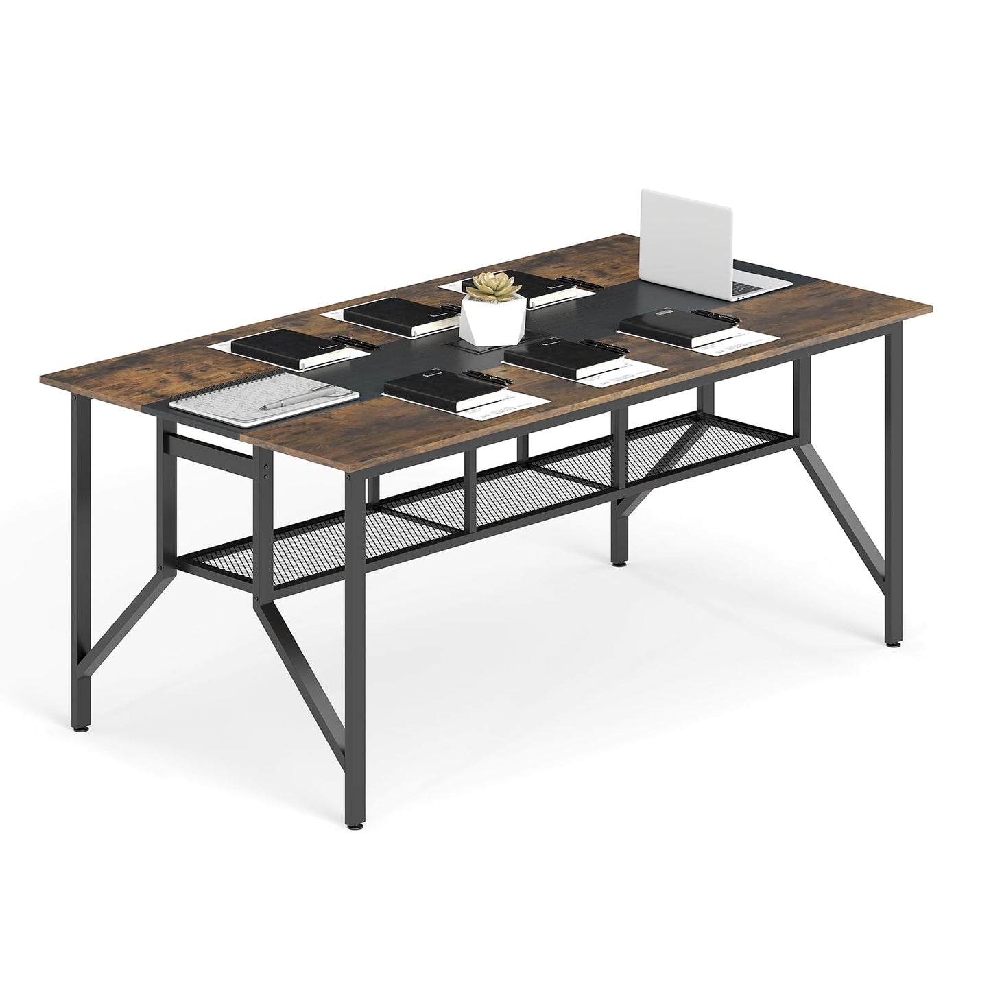 Giantex 6 FT Conference Table for 6-8 People, Modern 71" L x 38" W Large Meeting Table with Storage Shelf & Cable Grommet, Rectangle Conference Room Table for Office, Boardroom, Rustic Brown (1)