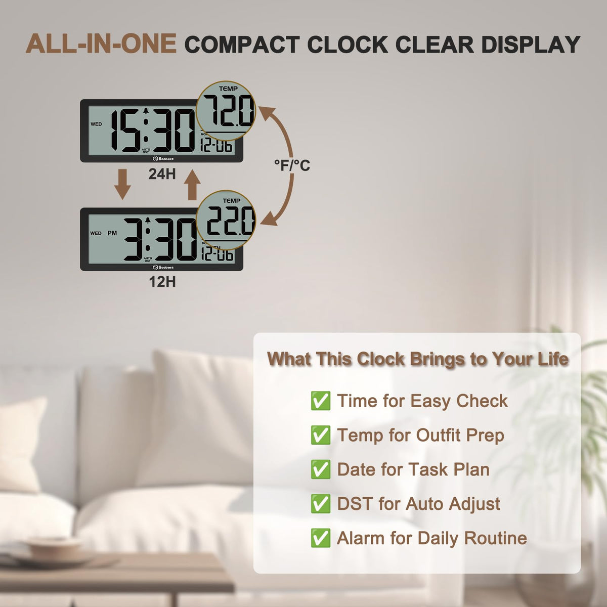 Soobest 8.5 Inch Digital Wall Clock Battery Operated with Backlight, Temperature, Date, Day & Auto DST, Black Slim Design for Elderly, Bedroom, Living Room, Office