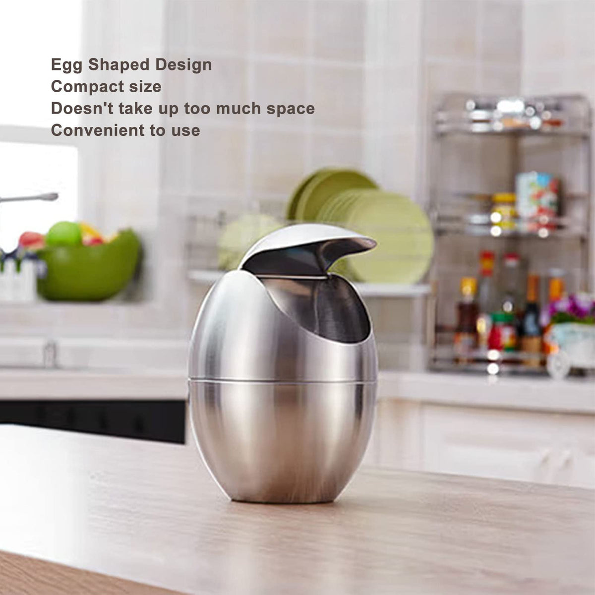 Tyenaza Mini Trash Can, Egg-Shaped Stainless Steel Countertop Garbage Bin, Mini Desk Can with Swing Lid for Office Desk, Coffee Table, Vanity Tabletop, Bedroom