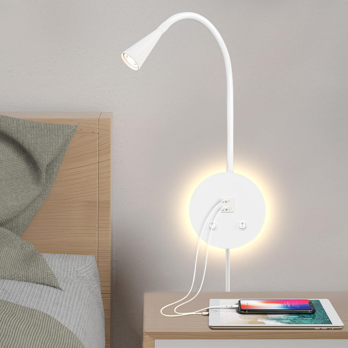 MOLUOLA LIGHTING Dimmable LED Wall Reading Lamp - Adjustable Gooseneck Book Light for Bed, USB + Type C Output, 2-in-1 Night Light & Spotlight, Compact Focused Lamp (White)