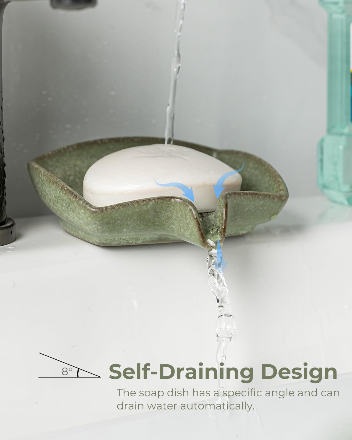 Self Draining Soap Dish, Ceramic Drain Soap Holder Waterfall Design Soap Saver for Shower, Bathroom, Sink, Kitchen and Countertop, Keeps Dry, Green