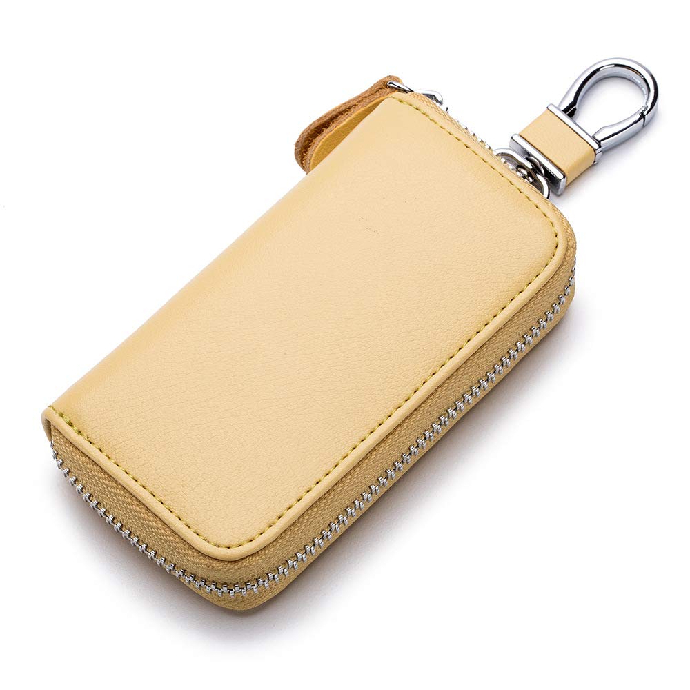 Genuine Leather Key Holder Bag with 2 Card Slots & 6 Hooks, Access Card Key Case Wallet for Men & Women (Golden)