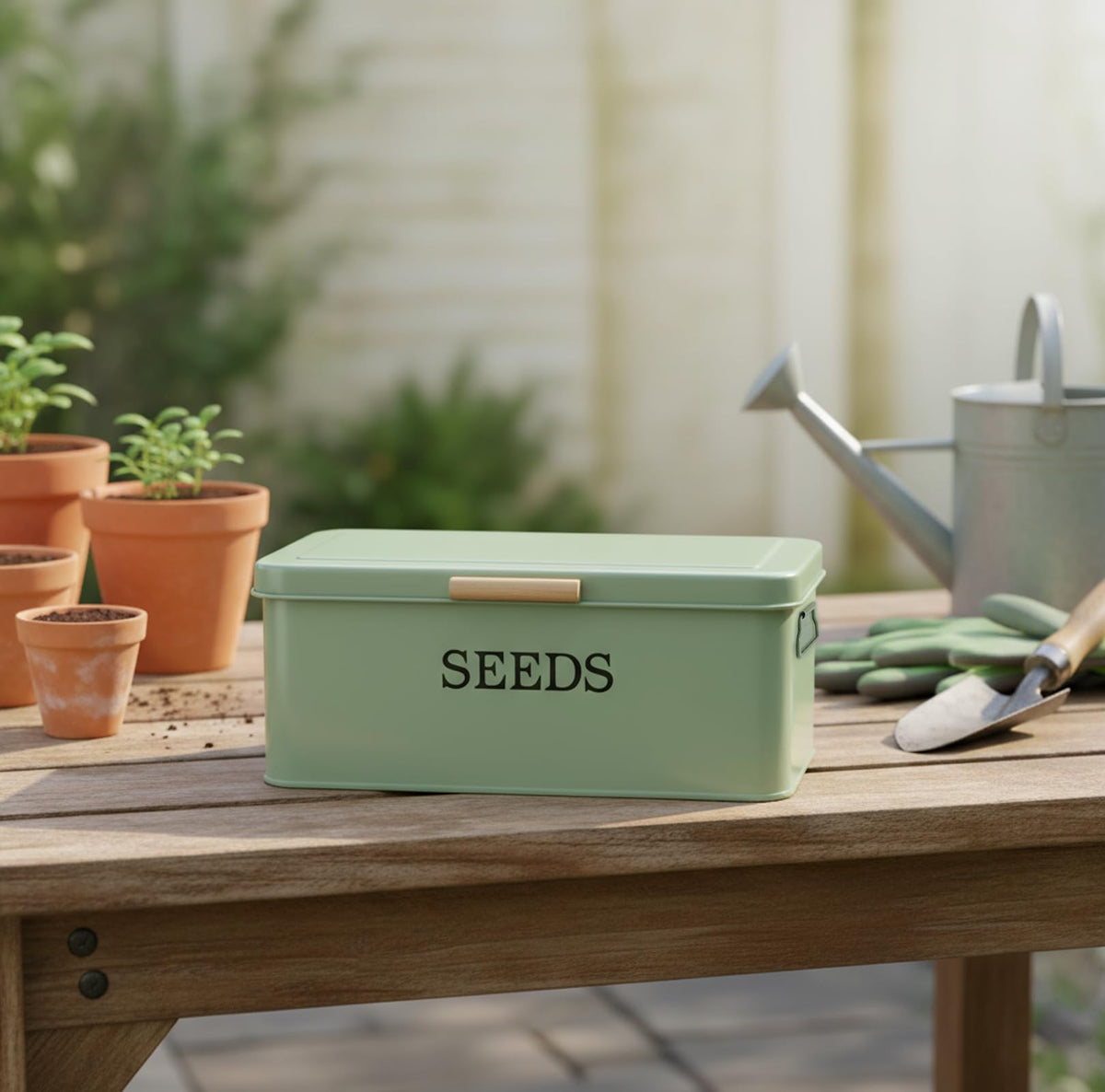 Mowhut Seed Storage Organizer,Metal Seed Saving Box with Lid,4 Compartments Box with Safety Locks,Garden Supplies Container with 20 Plant Labels 50 Saving Envelopes 2 Marker Pens,Green