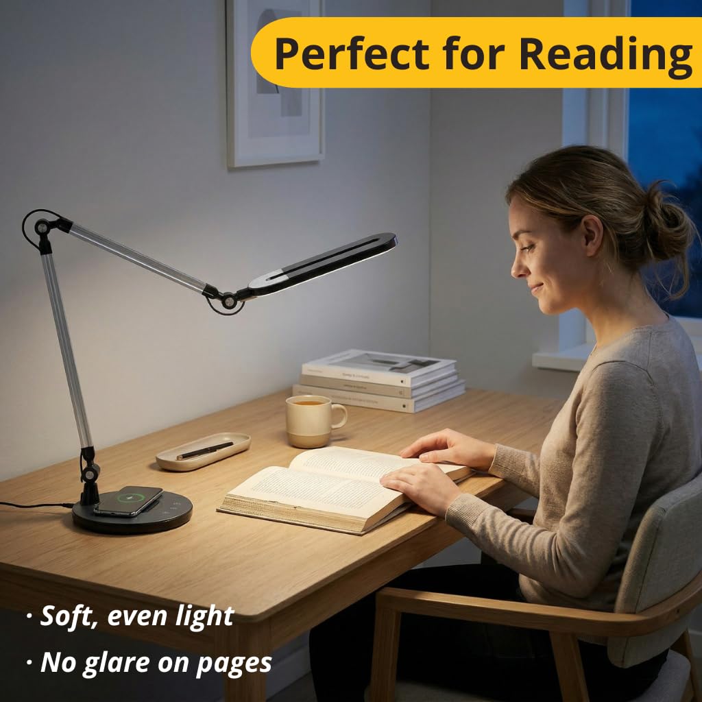 OTUS LED Architect Desk Lamp for Home Office with Wireless Charger, Adjustable Swing Arm, 32 in Tall, 11.8 in Panel, 3 Color Modes, 12 Dimmable Levels, Eye-Caring for Reading, Study, Video Calls